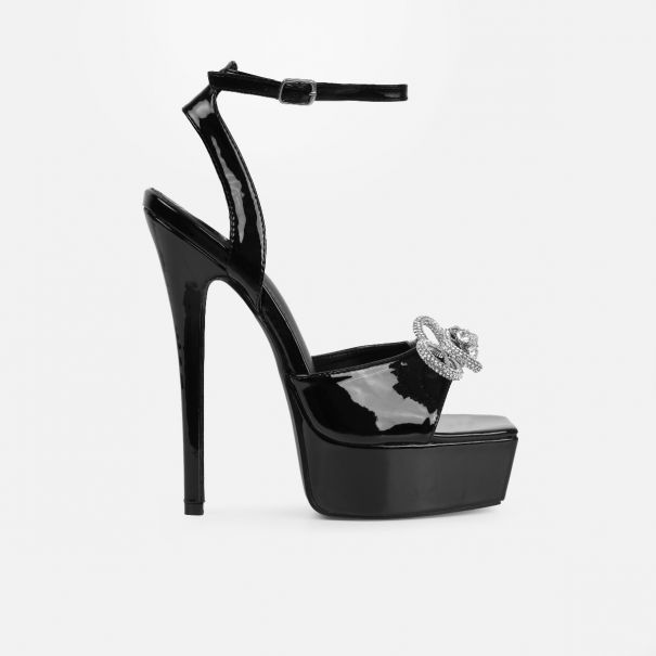 Angelique Black Diamante Bow Stiletto Platform Heels | SIMMI London