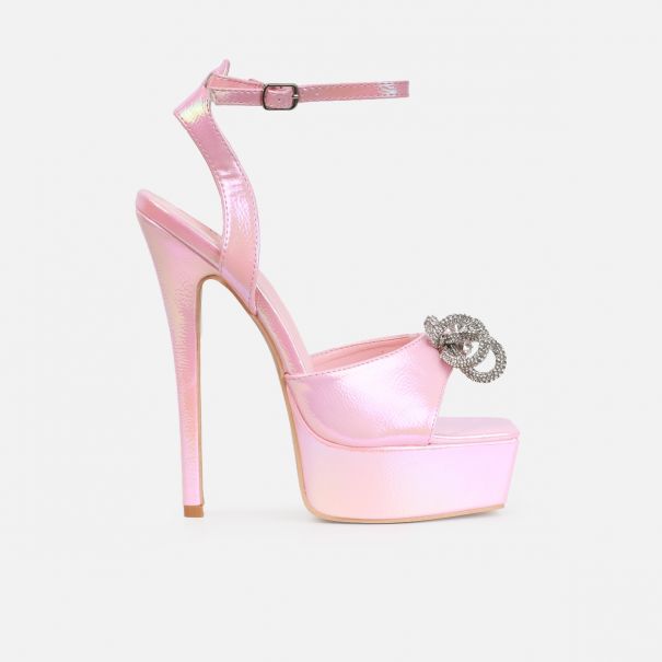 Angelique Pink Shimmer Diamante Bow Stiletto Platform Heels | SIMMI London