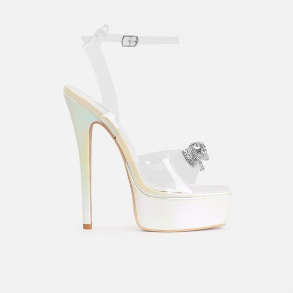 Angelique White Shimmer Diamante Bow Stiletto Platform Heels | SIMMI London