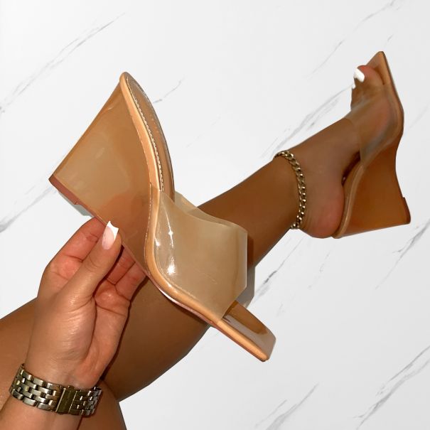 Opheliay Caramel Patent Clear Wedge Mules | SIMMI London