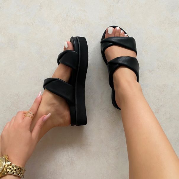 Oriano Black Two Part Twist Strap Flatform Sandals | SIMMI London