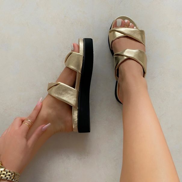 Oriano Gold Two Part Twist Strap Flatform Sandals | SIMMI London
