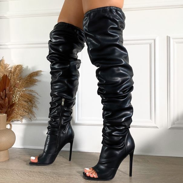 Ottilia Black Ruched Peep Toe Stiletto Thigh High Boots | SIMMI London