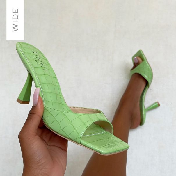 Paislee Wide Fit Green Patent Faux Croc Print Mid Heel Mules | SIMMI London