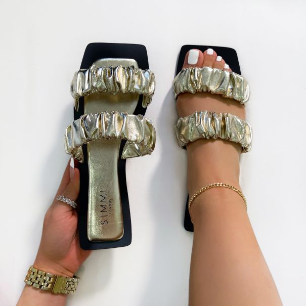 Parrish Gold Ruched Strap Flat Sandals | SIMMI London