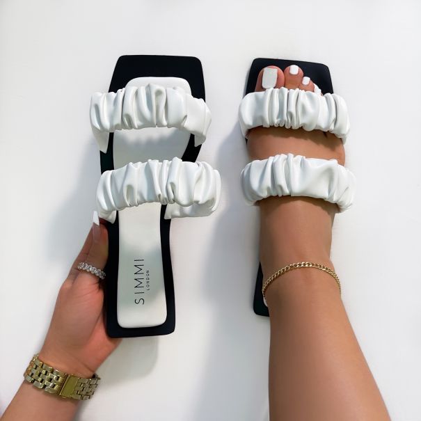 Parrish White Ruched Strap Flat Sandals | SIMMI London