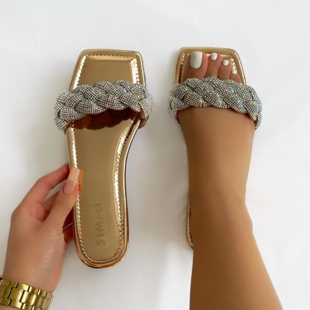 Pearl Rose Gold Mirror Woven Diamante Strap Flat Sandals | SIMMI London