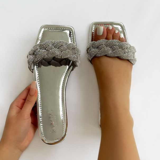 Pearl Silver Mirror Woven Diamante Strap Flat Sandals | SIMMI London