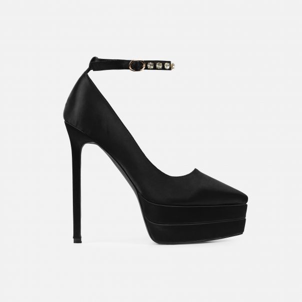 Edina Black Satin Diamante Platform Stiletto Heels | SIMMI London