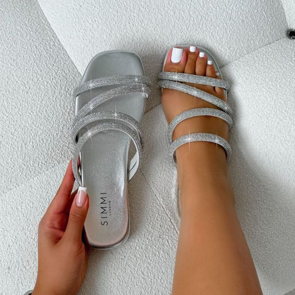 Pettle Silver Diamante Strappy Flat Sandals | SIMMI London