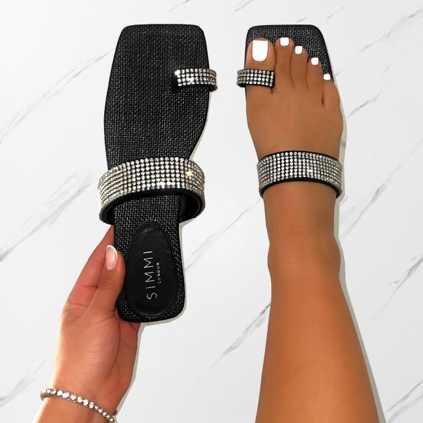 Petula Black Raffia Diamante Toe Loop Flat Sandals | SIMMI London