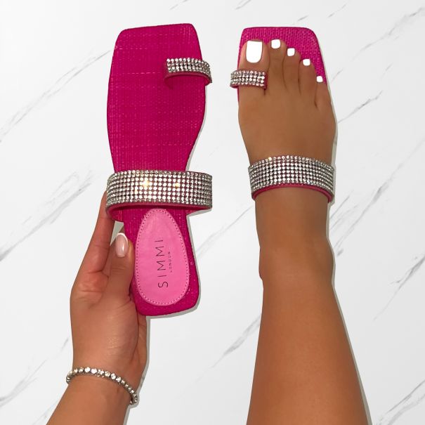 Petula Pink Raffia Diamante Toe Loop Flat Sandals | SIMMI London