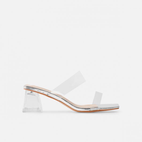 Priscilla Clear Silver Mirror Mini Block Heel Mules | SIMMI London