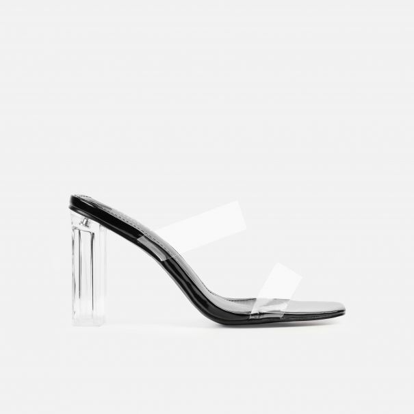 Lenora Clear Black Double Strap Block Heel Mules | SIMMI London