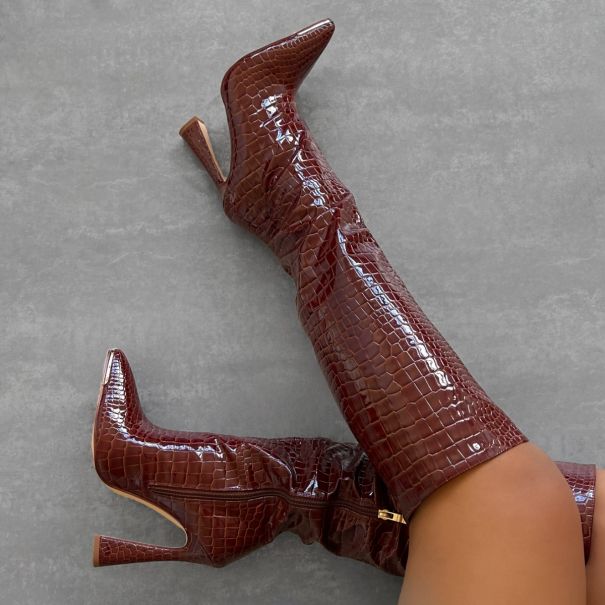 Ravi Tan Faux Croc Print Knee High Boots | SIMMI London