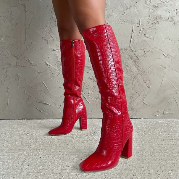 Rozlyn Red Faux Croc Print Block Heel Knee High Boots | SIMMI London