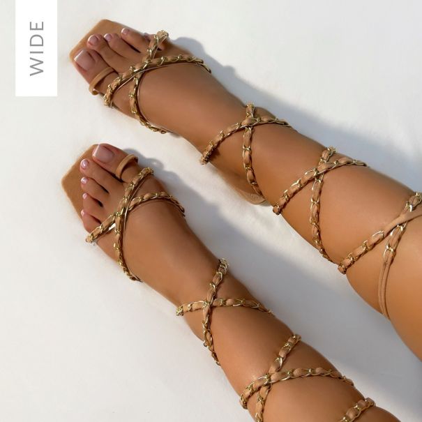 Rei Wide Fit Nude Faux Suede Chain Lace Up Flat Sandals | SIMMI London