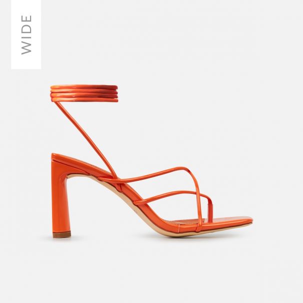Rhia Wide Orange Patent Strappy Lace Up Mid Block Heels | SIMMI London