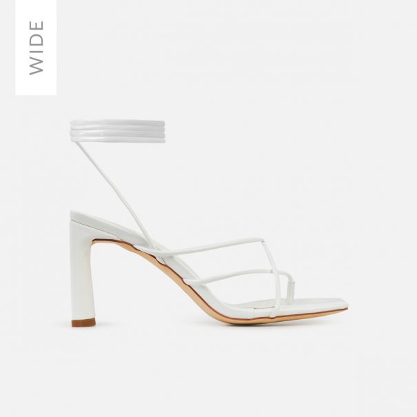 Rhia Wide White Patent Strappy Lace Up Mid Block Heels | SIMMI London