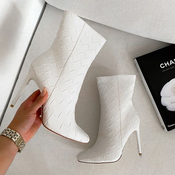 SIMMI SHOES / Clermont Twins Rider White Woven Stiletto Ankle Boots