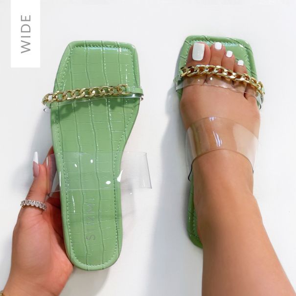 River Wide Fit Clear Sage Green Faux Croc Print Chain Strap Sandals | SIMMI London