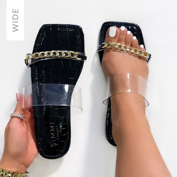 River Wide Fit Clear Black Faux Patent Croc Chain Strap Sandals | SIMMI London