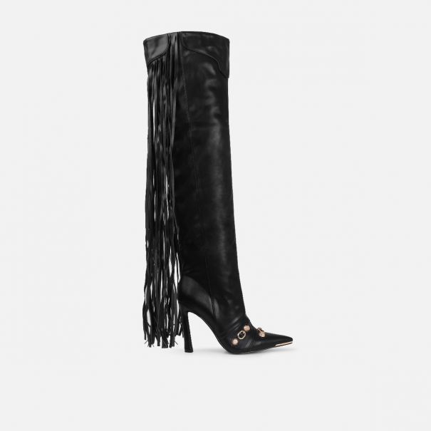 Gethin Black Fringe Studded Knee High Boots | SIMMI London