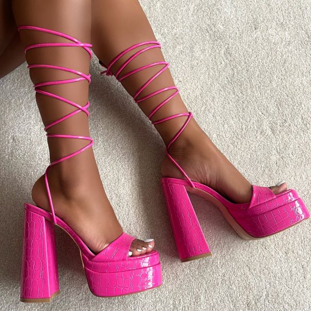 Robin Pink Patent Faux Croc Print Platform Lace Up Block Heels | SIMMI London