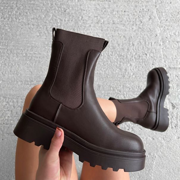 Rocky Brown Stretch Insert Chunky Ankle Boots | SIMMI London