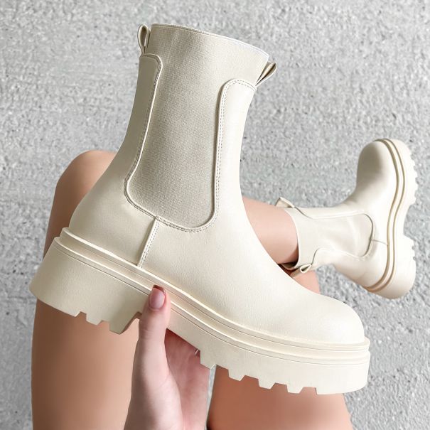 Rocky Cream Stretch Insert Chunky Ankle Boots | SIMMI London
