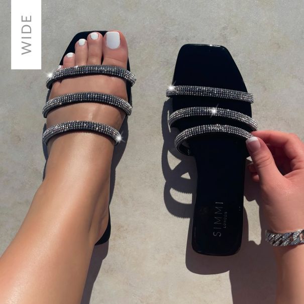 Roma Wide Fit Black Patent Diamante Sandals | SIMMI London