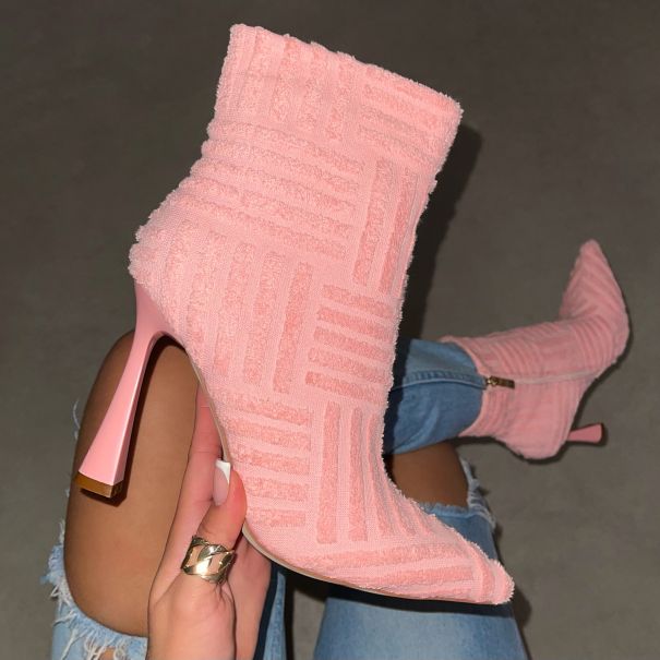 Roman Baby Pink Towelling Point Toe High Ankle Boots | SIMMI London