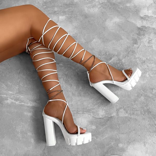 Irisa White Chain Lace Up Platform Block Heels | SIMMI London