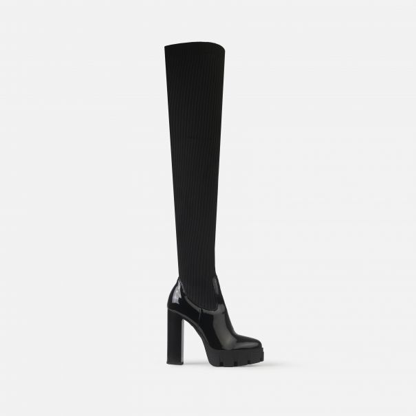 Reya Black Patent Knitted Platform Block Heel Thigh High Boots | SIMMI London