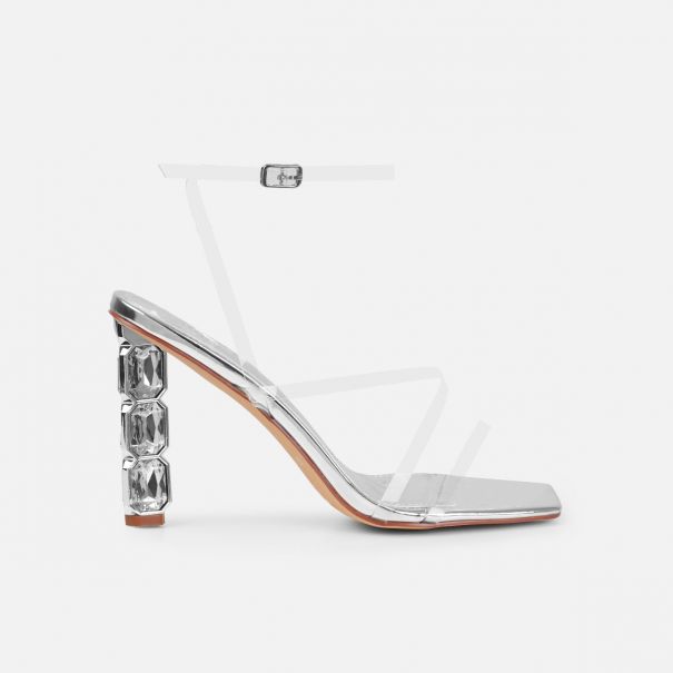 Roze Silver Metallic Clear Gem Block Heels | SIMMI London