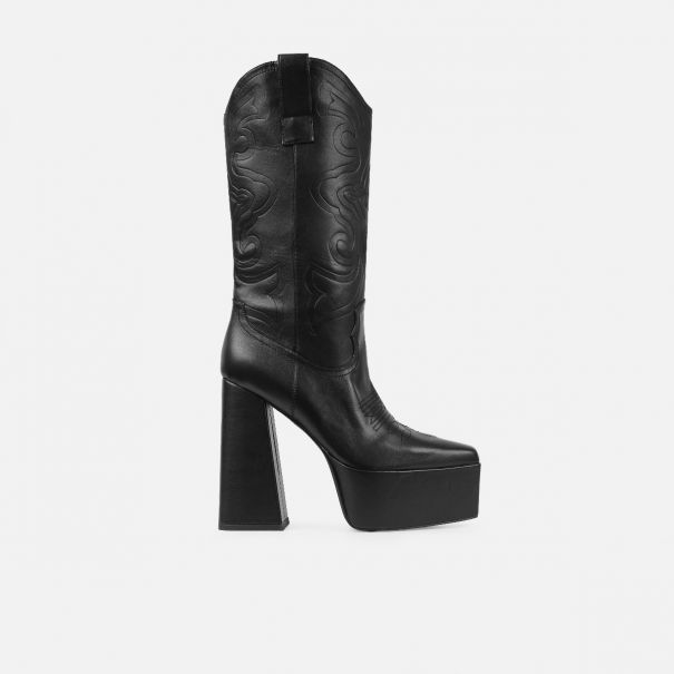 Rodeo Black Platform Block Heel Western Calf Boots | SIMMI London