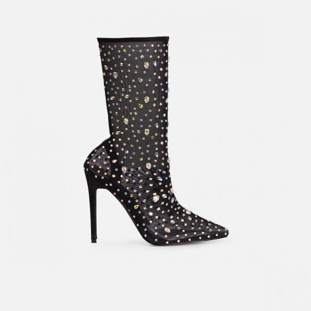 Sparki Black Mesh Diamante Stiletto Heels | SIMMI London
