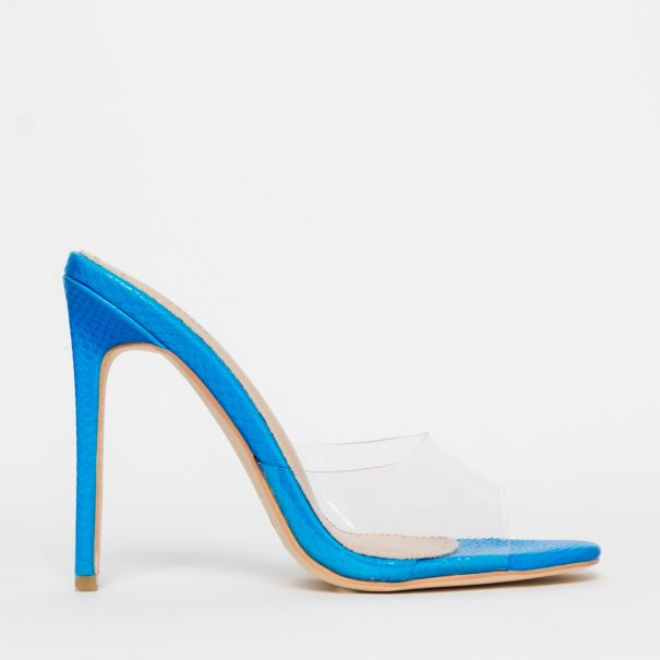 Solana Clear Blue Snake Stiletto Mules