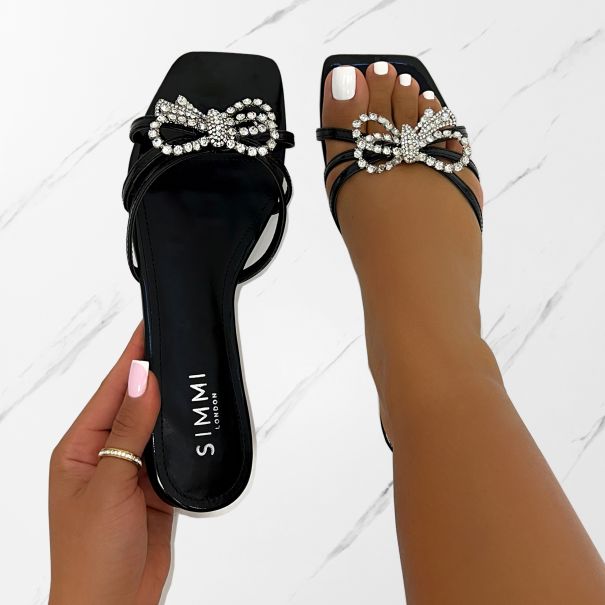 Santos Black Diamante Bow Flat Sandals | SIMMI London
