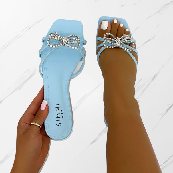 Santos Baby Blue Diamante Bow Flat Sandals | SIMMI London