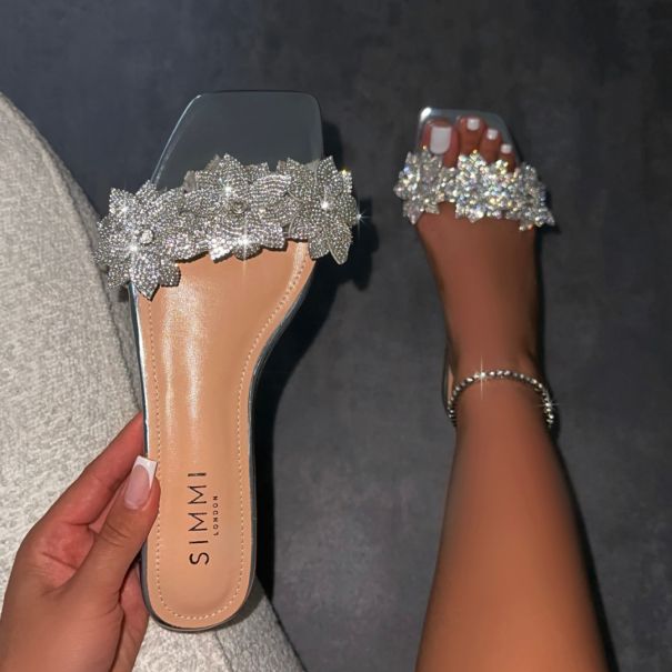 Abbie Silver Mirror Flower Diamante Flat Sandals | SIMMI London