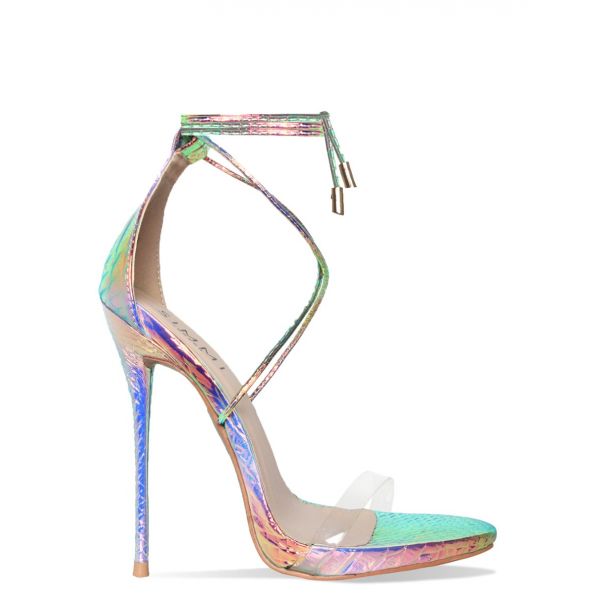 Shania Iridescent Snake Clear Lace Up Stiletto Heels