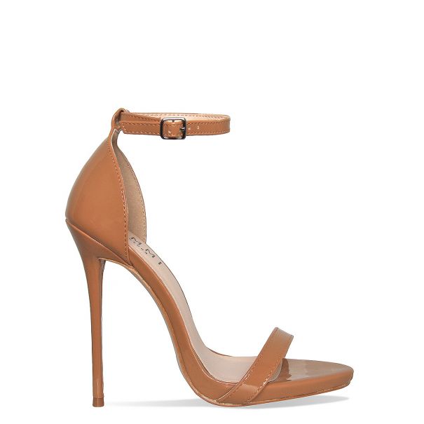 SIMMI SHOES / KIM CARAMEL PATENT BARELY THERE STILETTO HEELS