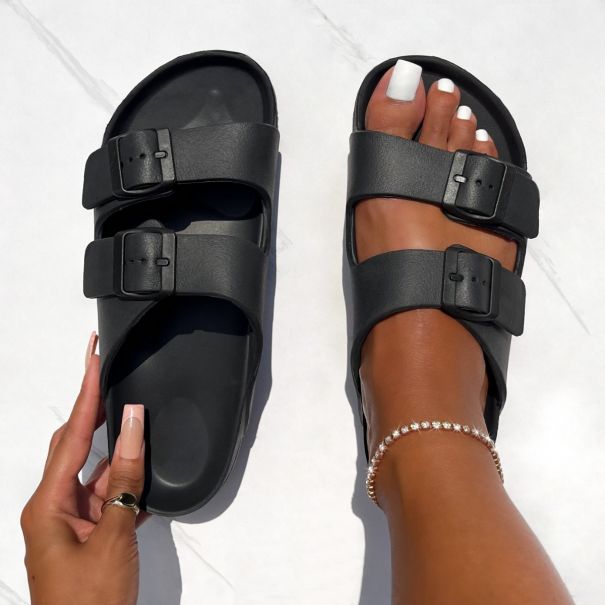 Shells Black Moulded Double Strap Flat Sandals | SIMMI London