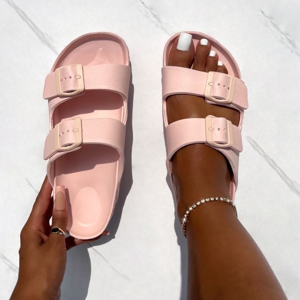 Shells Pink Double Strap Moulded Flat Sandals | SIMMI London