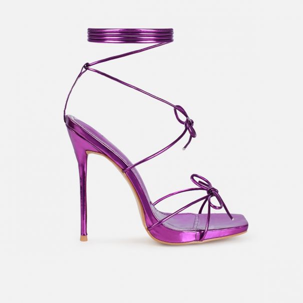 Sunniva Purple Metallic Bow Detail Lace Up Heels | SIMMI London
