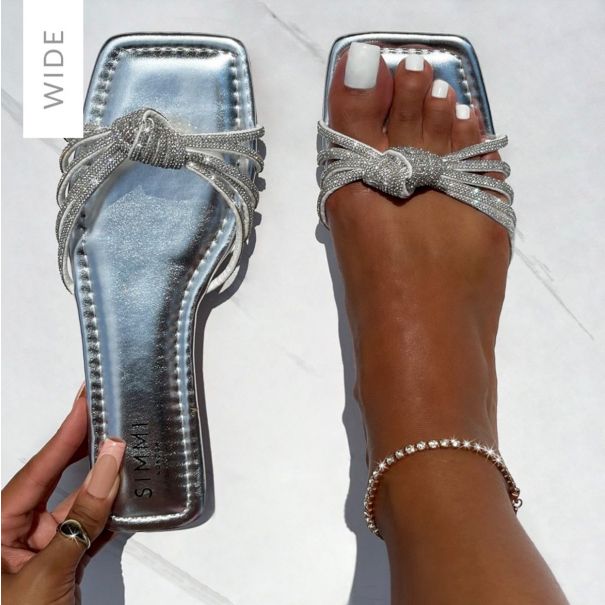 Marquelle Wide Fit Silver Diamante Knot Flat Sandals | SIMMI London