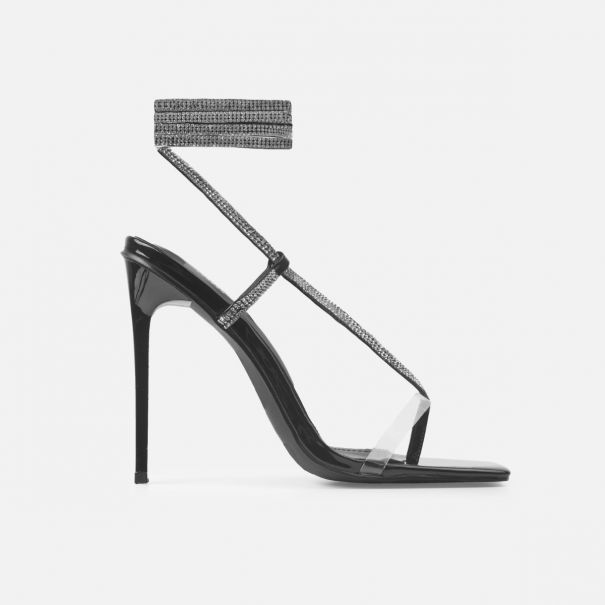 Scarlett Black Patent Diamante Lace Up Stiletto Heels | SIMMI London
