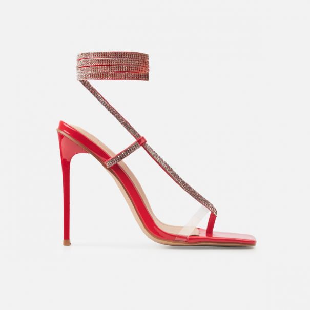 Scarlett Red Patent Diamante Lace Up Stiletto Heels | SIMMI London