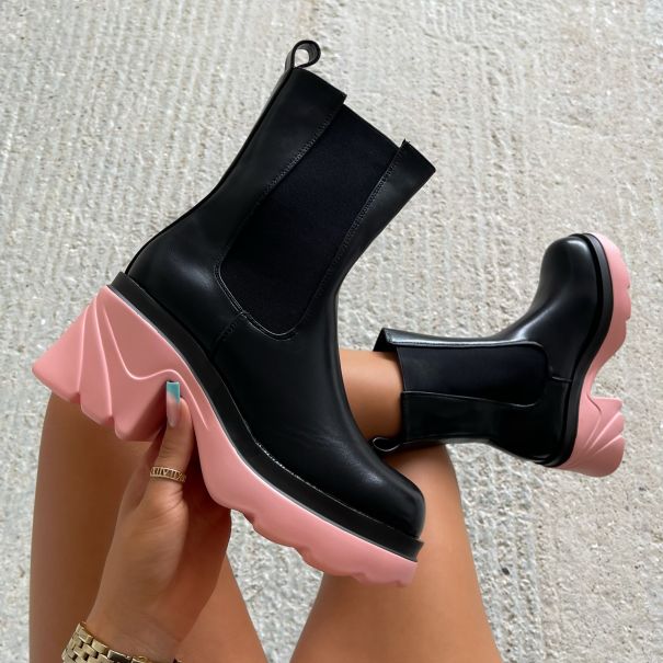 Slater Black and Pink Chunky Ankle Boots | SIMMI London